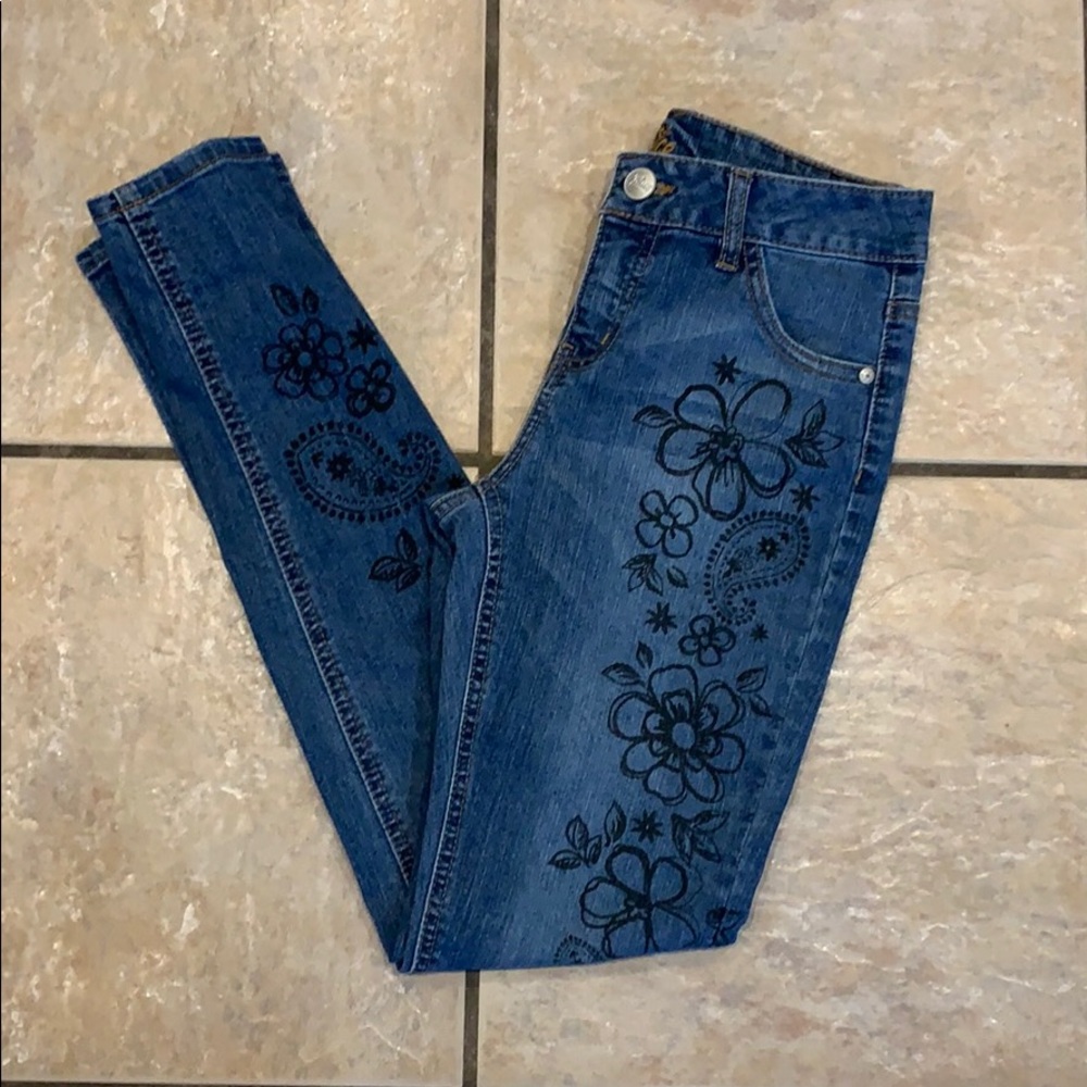 Justice Girls Blue Denim Jeans with Black Floral Print